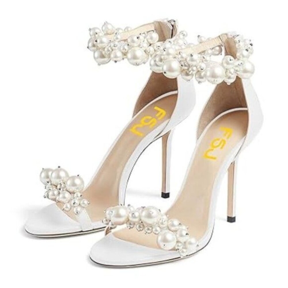 FSJ Women Fashion Dressy High Heel Stiletto Open Toe Pump Sandal Full Pearls Ank